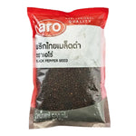 ARO Black Pepper 500g dry grocery package showing fresh black peppercorns in a clear container.