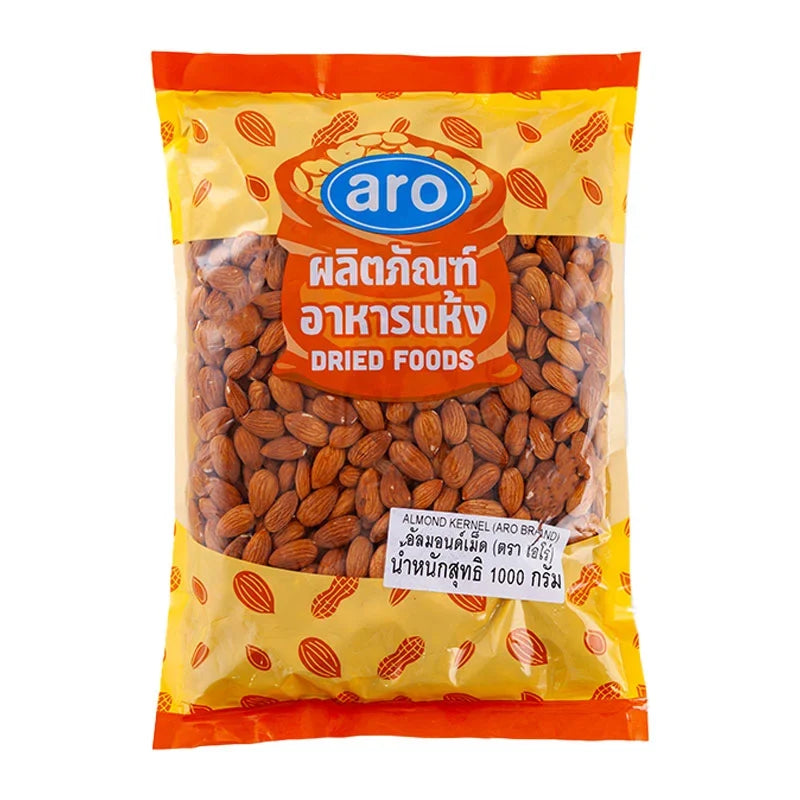 ARO Almond Kernel 1kg in a clear bag, showing whole, raw almonds ready for snacking or baking in dry grocery.
