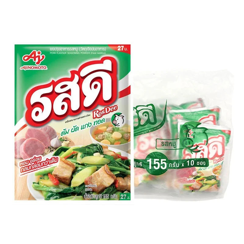 Rosdee Seasoning Powder Pork 155g pack showing dry seasoning powder in clear plastic packaging for pork dishes.