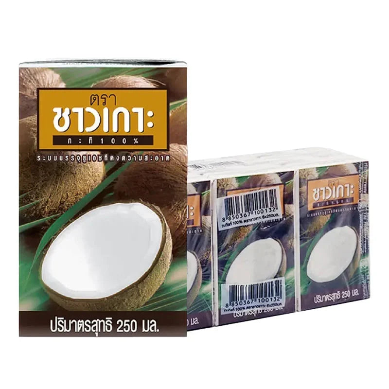 Chaokoh coconut milk 250ml cans, six-pack, with labels showing coconut images and brand logo, used in cooking and recipes.