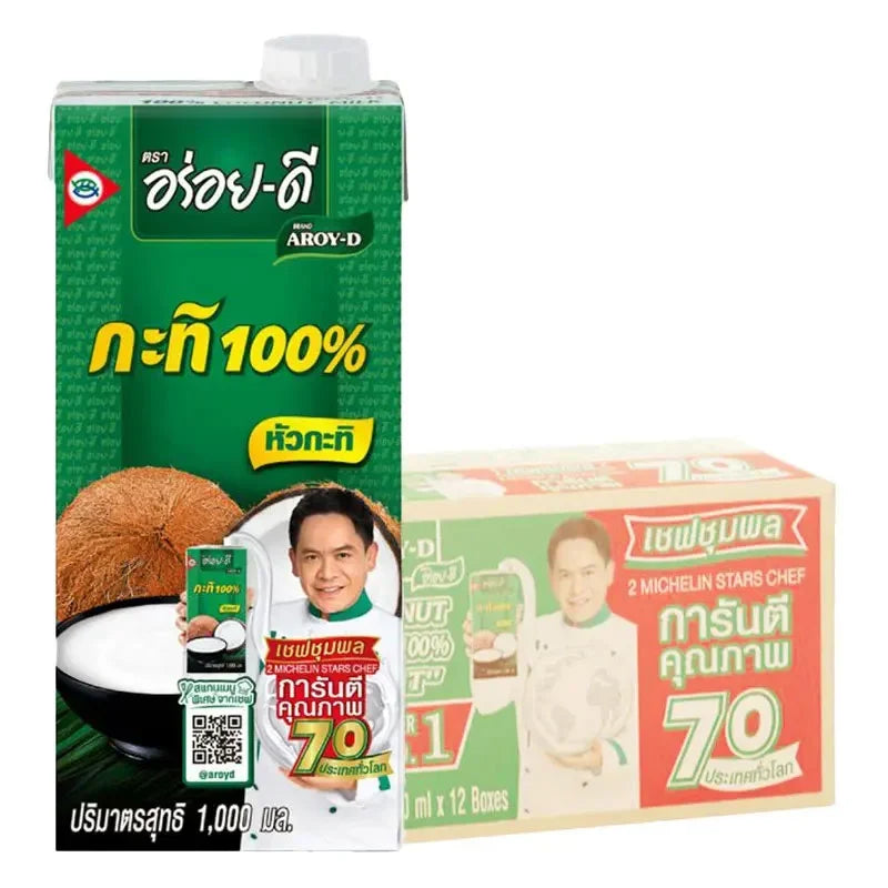 Aroy-D 100% coconut milk 1L carton, packaged in a box of 12, with a white label and tropical coconut imagery on the packaging.