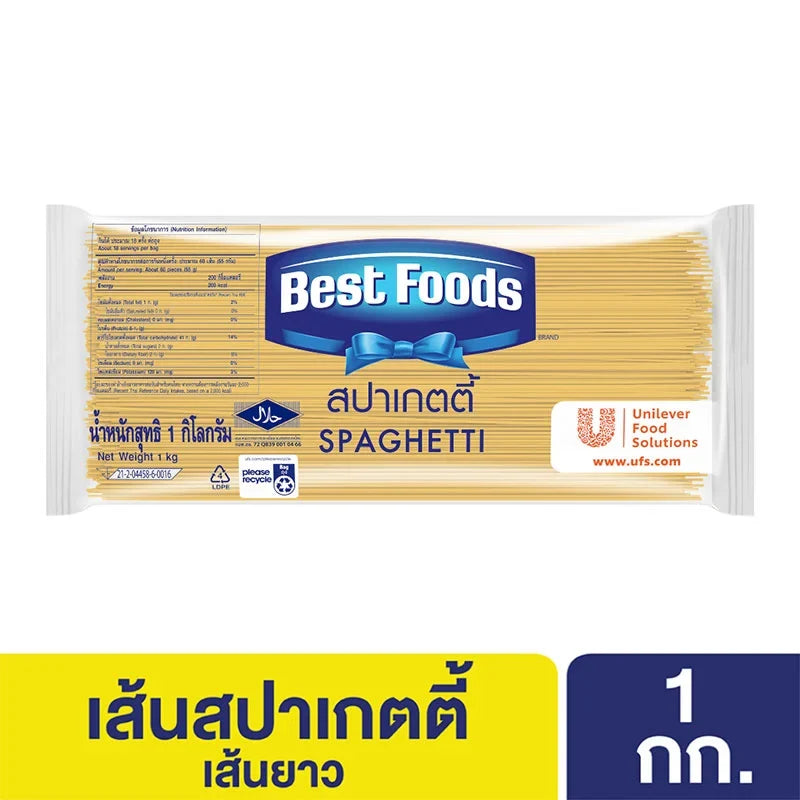 Dry grocery image of Best Foods Spaghetti 1kg, uncooked pasta in a clear package, ideal for Italian dishes and pasta recipes.