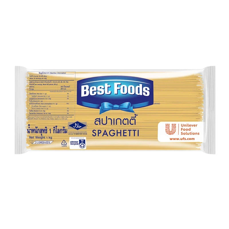 Dry grocery Best Foods Spaghetti 1kg package, uncooked pasta with a smooth surface and traditional long, thin shape.