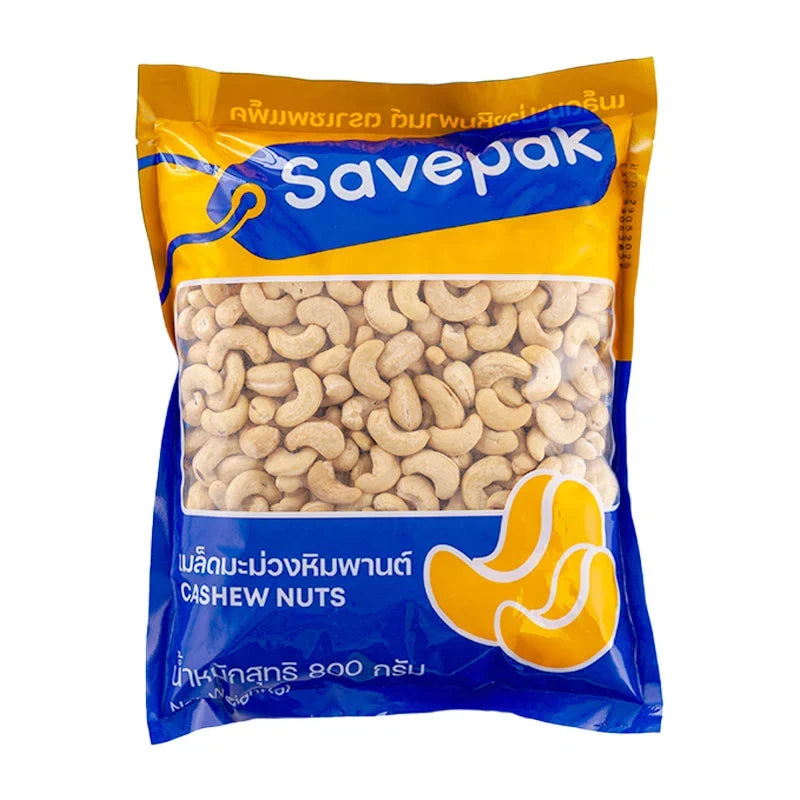 Savepak Cashew Nuts 800g in a clear plastic bag, showcasing whole, light golden dry grocery nuts for healthy snacking.