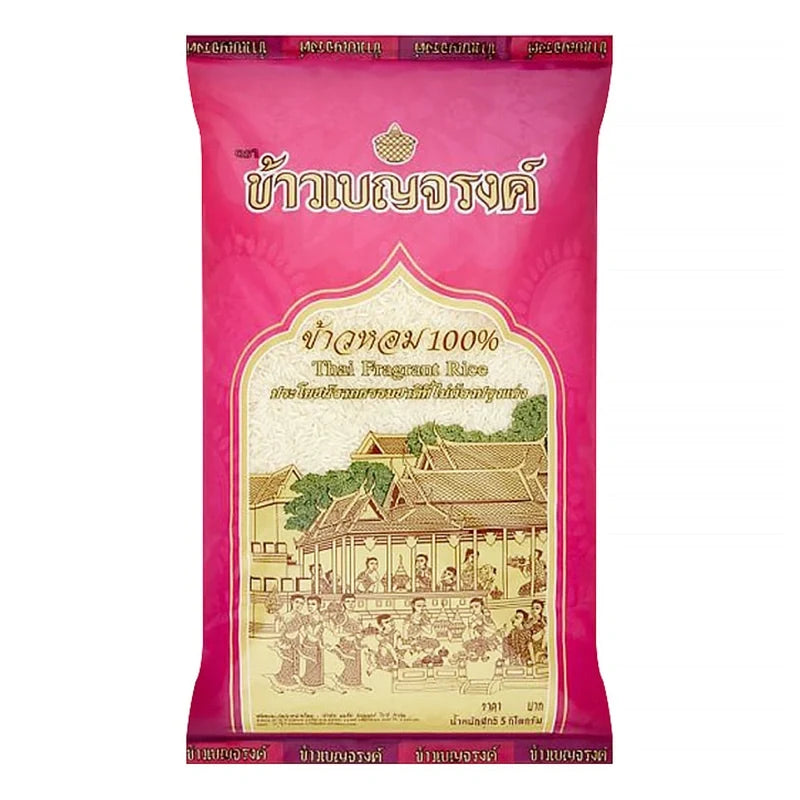 Benjarong Fragrant Rice 100% 5kg bag, dry grocery product featuring a white rice bag with colorful label.