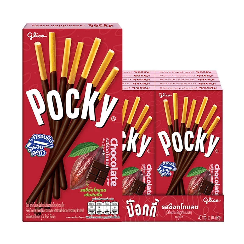Pocky chocolate-coated biscuit sticks in a 40g pack, showing crispy snack with chocolate coating, part of Pocky snack box.