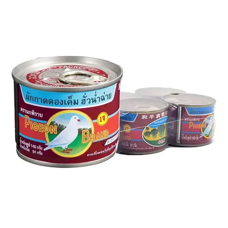 Pigeon green mustard pickle in a 140g jar, shown in a six-pack package, ideal for dry grocery use.