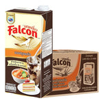 Falcon evaporated milk 1L cartons, 12-pack, dry grocery product with metal lids, displayed in a grocery store setting.