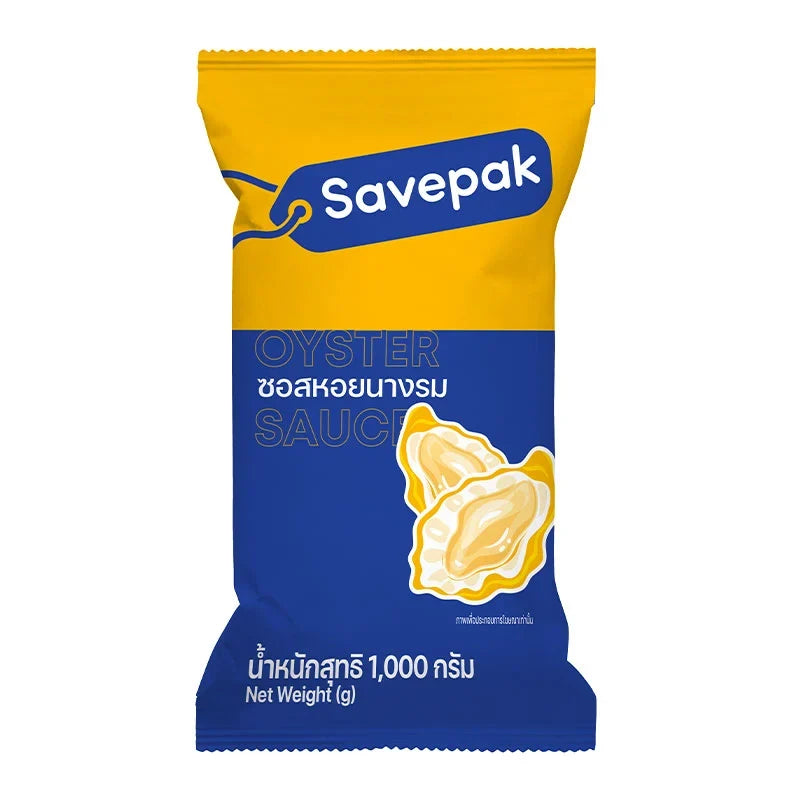 Savepak oyster sauce 1kg bottle, dry grocery product with a dark brown liquid inside, labeled with the Savepak brand.