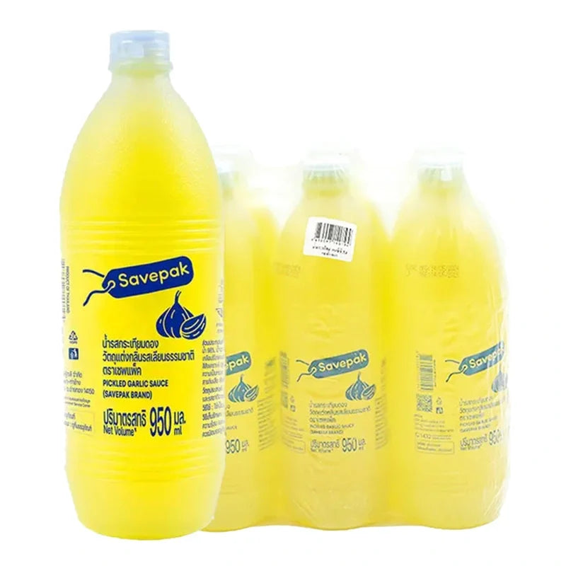 Savepak garlic pickle water in a 950ml bottle, part of a 6-pack, shown in a clear container with garlic and pickle water visible.