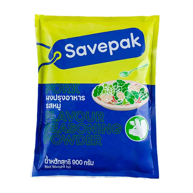 Savepak Pork Seasoning Powder 900g in a plastic jar, dry grocery product for flavorful pork dishes, by the SAVEPAK brand.