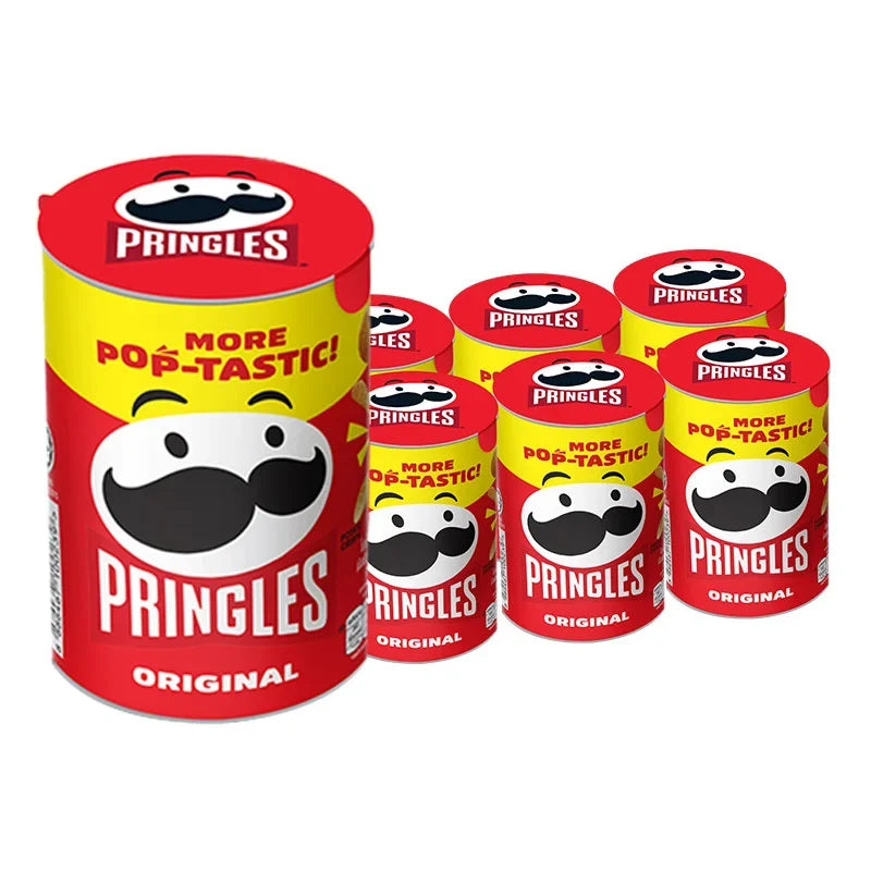 Six 42g cans of PRINGLES potato chips, crispy snack snacks in colorful packaging, ready for enjoyment.
