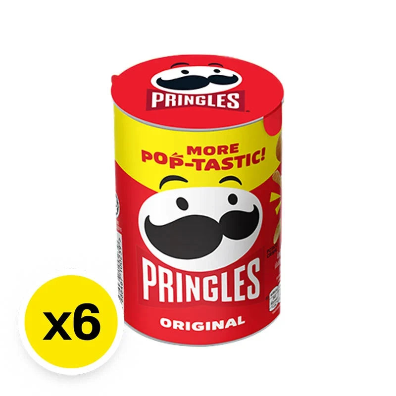 Pringles Potato Chips 42g snack pack, stacked in a box, featuring crispy, ridged potato chips from the PRINGLES brand.