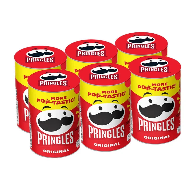 Six 42g packs of PRINGLES potato chips in a neat stack, showcasing crispy, golden snack chips in a colorful box.