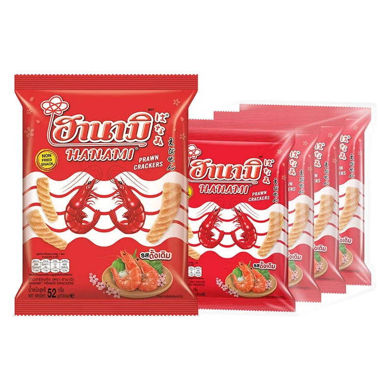 Hanami Prawn Crackers in a 52g pack, crispy seafood snack from the dry grocery snacks and confectionery collection.