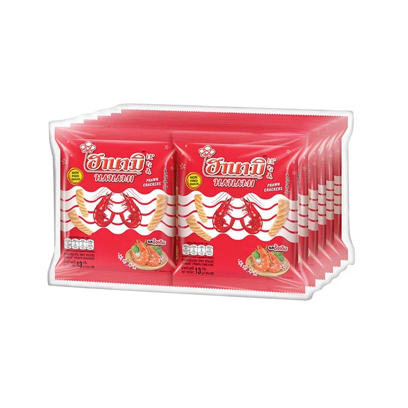 Hanami Prawn Crackers in original flavor, 13g snack pack, shown in a clear image with crispy, golden prawn crackers from the snack box.