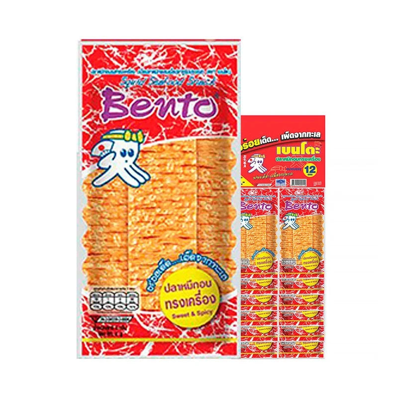 BENTO Bento Squid Seafood Snack Sweet & Spicy 4g, dry grocery snack with squid flavor, in colorful packaging.