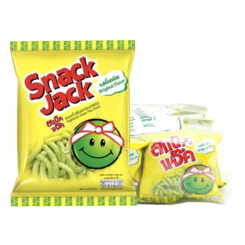 Snack Jack Green Pea snack pack, 15g x12, dry grocery snack with green pea chips in colorful packaging.