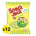 Snack Jack Green Pea snack pack, 15g x 12, in clear packaging, showing vibrant green peas and snack branding.