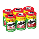 Pringles Sour Cream & Onion potato chips in 42g snack packs, stacked in a colorful box for dry grocery snack selection.