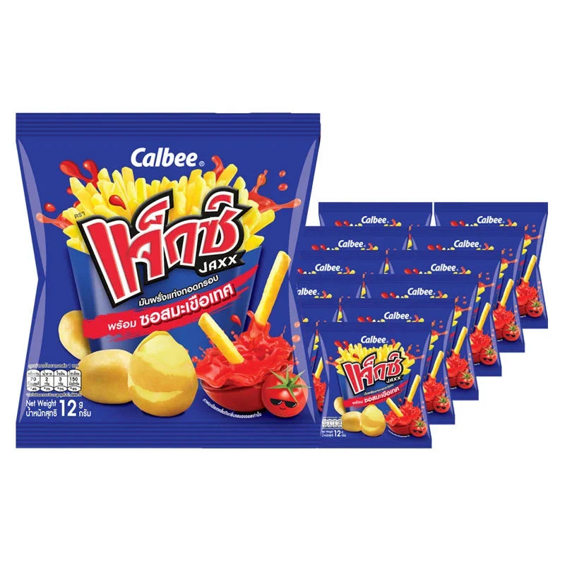 JAXX crispy potato snack with tomato ketchup flavor, 12g pack, shown in colorful packaging, perfect for dry grocery snack lovers.