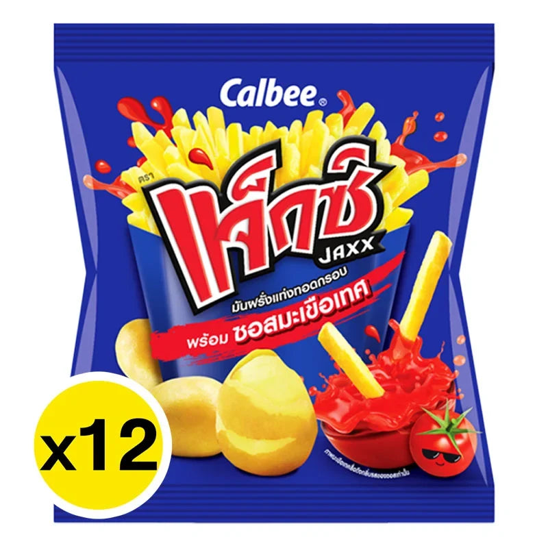 JAXX Crispy Potato Snack with Tomato Ketchup, 12g x 12 pack, dry grocery snack with crunchy texture and savory flavor.
