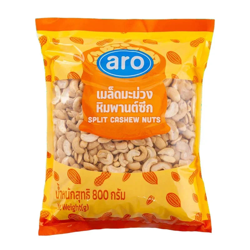 Aro split cashew nuts in an 800g dry grocery package, showing fresh, whole cashews in their natural split form.