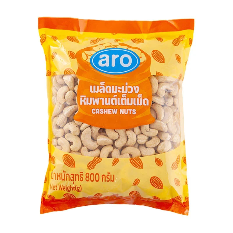A package of ARO Cashew Nuts 800g in dry grocery, showing a clear view of the raw, roasted cashews in a sealed bag.