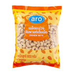 A package of ARO Cashew Nuts 800g in dry grocery, showing a clear view of the raw, roasted cashews in a sealed bag.