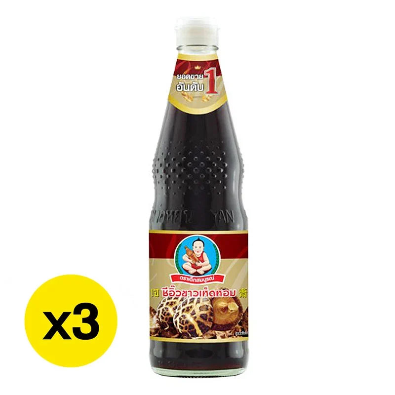 Three 700ml bottles of DEK SOM BOON Boon Mushroom Soy Sauce, a dry grocery condiment in clear bottles with dark soy sauce.