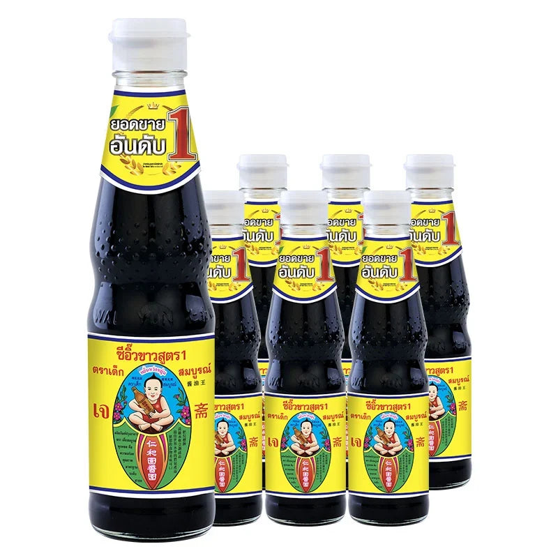 Six bottles of DEK SOM BOON Boon Soy Sauce Formula 1 in 300ml bottles arranged together, showcasing the soy sauce packaging.