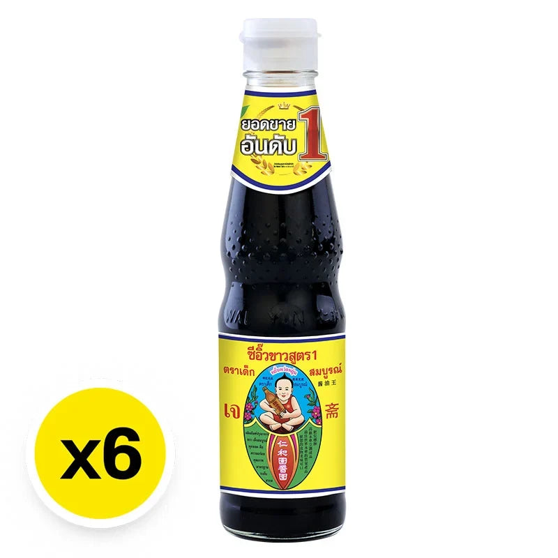 Six bottles of DEK SOM BOON Boon Soy Sauce Formula 1 in 300ml bottles, arranged in a display, for dry grocery use.