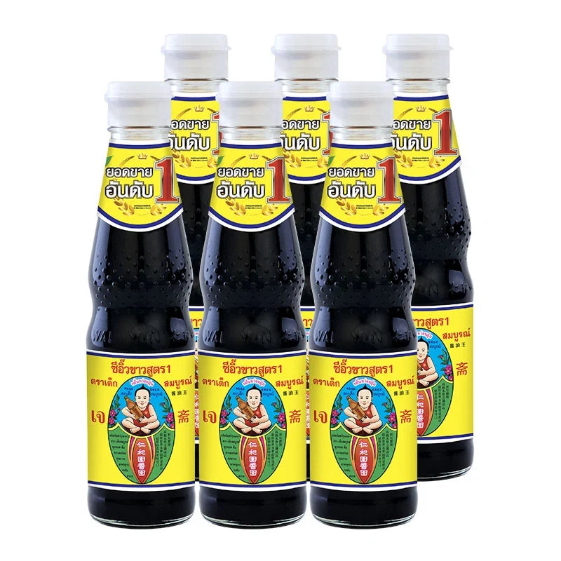 Six bottles of DEK SOM Boon Soy Sauce Formula 1, 300ml each, shown in a dry grocery product image.