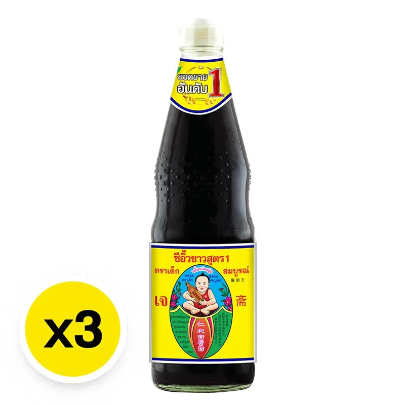 DEK SOM Boon Soy Sauce Formula 1 700ml bottles, dry grocery product with three bottles in packaging