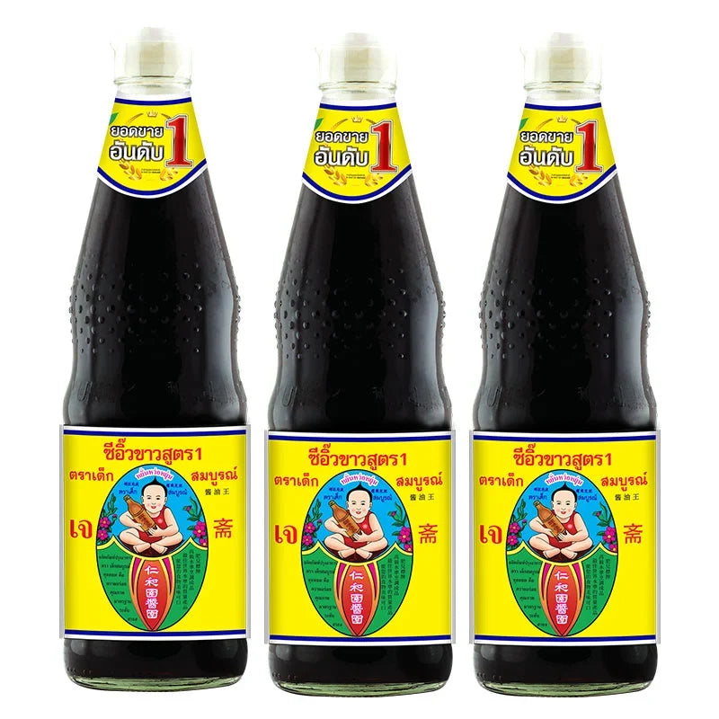 Three 700ml bottles of DEK SOM BOON Boon Soy Sauce Formula 1 in clear glass bottles with labels, arranged side by side.
