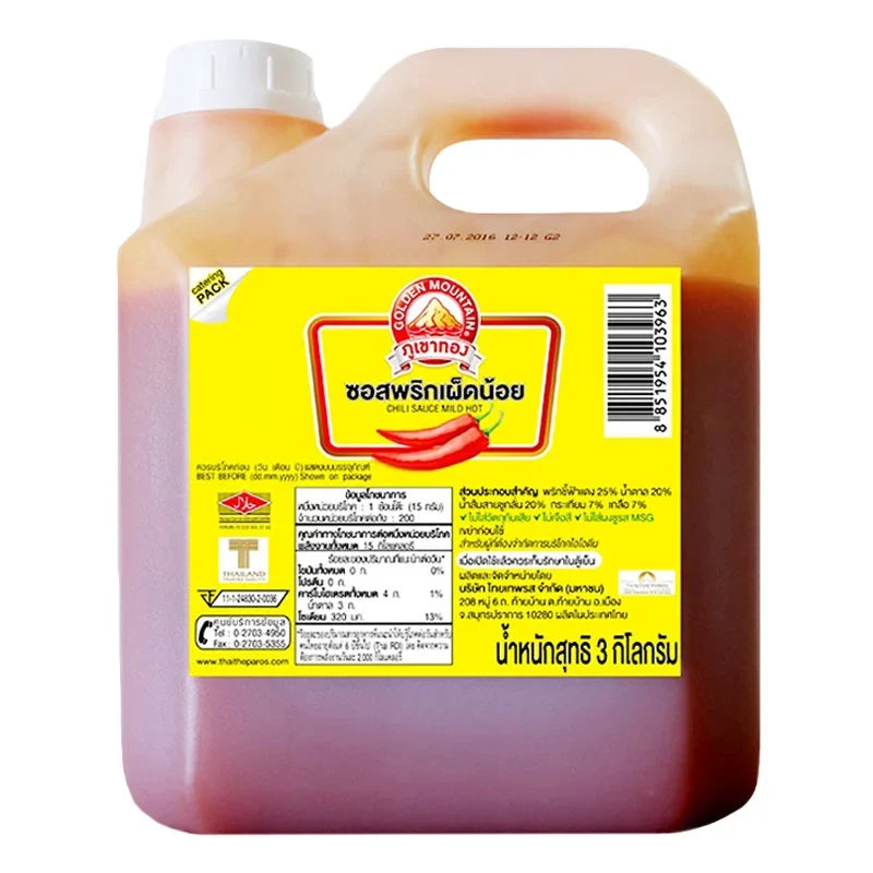 Golden Mountain Chili Sauce 3kg bottle from Golden Mountain, showing the spicy, rich chili sauce in a clear plastic container.