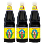 Three bottles of DEK SOM Boon Soy Sauce Formula 1L, dry grocery, with soy sauce bottles featuring labels and caps.