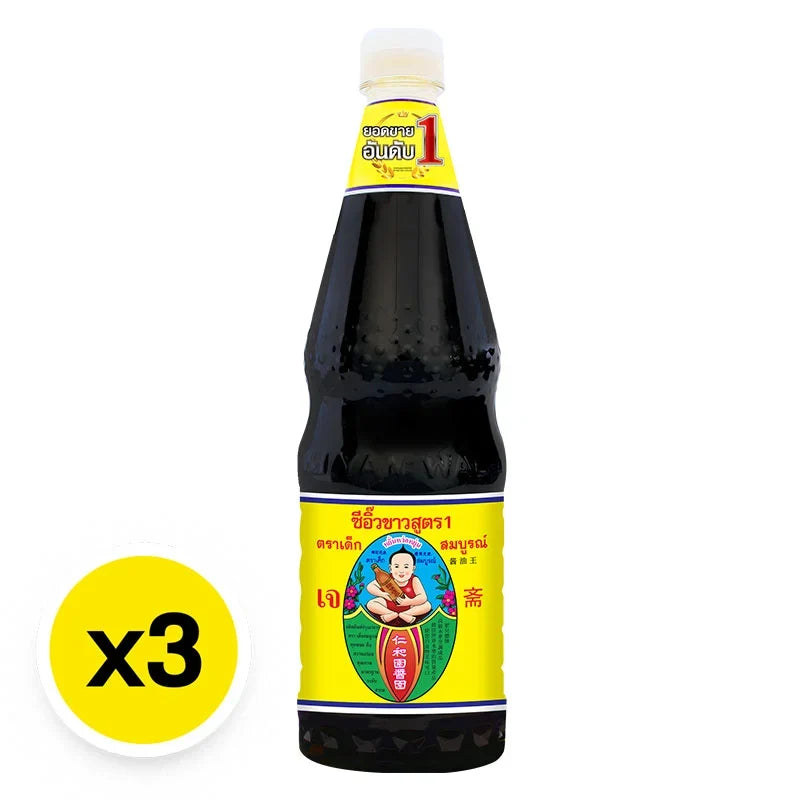 DEK SOM Boon Soy Sauce Formula 1L bottles, dry grocery product, showing three bottles with labels and caps in the image.