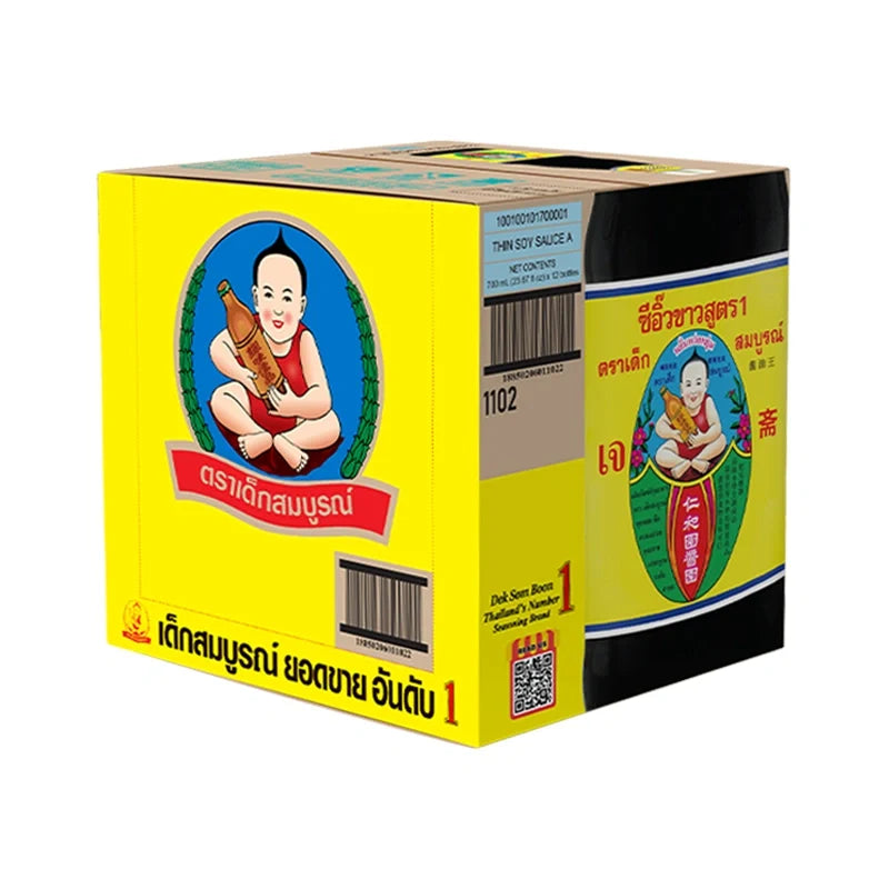 DEK SOM Boon Soy Sauce Formula 1 700ml bottle, traditional Asian soy sauce for cooking, shown in a pack of 12 bottles.
