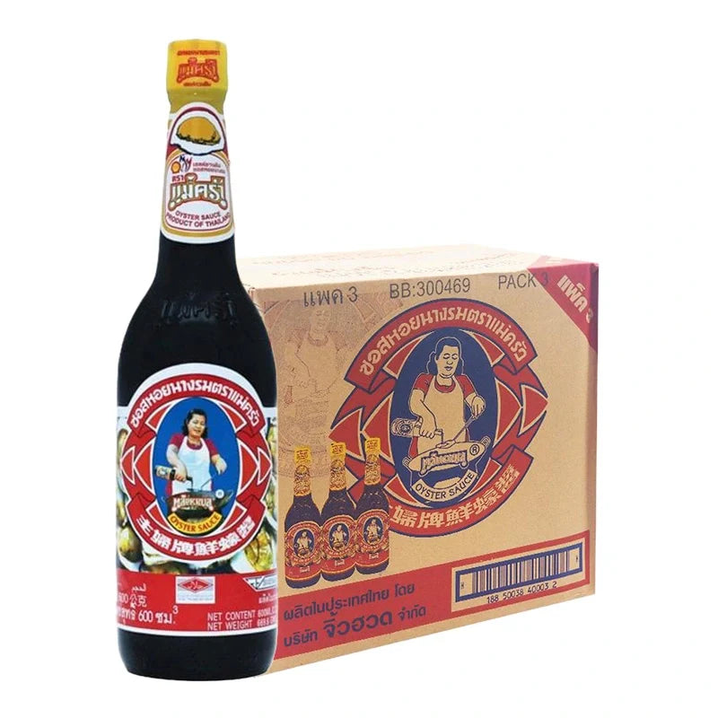Maekrua Oyster Sauce 600ml bottle, part of a 12-pack, featuring dark brown sauce in a clear plastic bottle with red cap.