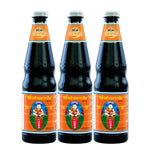 DEK SOM Boon Black Soy Sauce Formula 5 bottles, 940ml each, in dry grocery category, with black soy sauce bottles on a shelf.