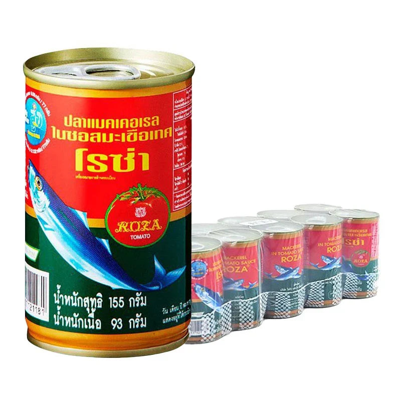Canned mackerel in tomato sauce by ROZA, 155g per can, shown in a pack of 10 for dry grocery use.
