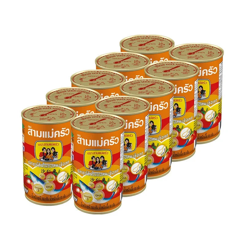Three Lady Cooks Sardines in Tomato Sauce 155g cans, stacked in a box, ready for cooking or serving in dry grocery storage.
