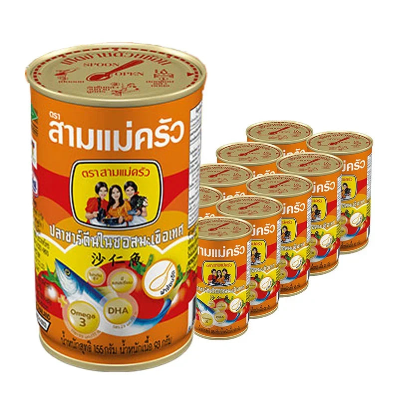 Three Lady Cooks sardines in tomato sauce cans, 155g each, arranged in a row for dry grocery shopping.
