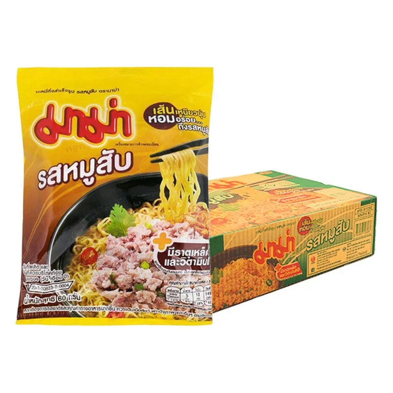 Pack of 40 Mama Instant Noodles with minced pork flavor, 60g each, in a dry grocery product image.