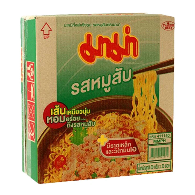 Pack of 30 Mama Instant Noodles with Minced Pork flavor, 60g each, featuring dried noodles in a sealed package.