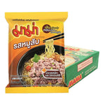 Mama Instant Noodles Minced Pork flavor, 60g pack, displayed with uncooked noodles and seasoning packet, in a dry grocery setting.