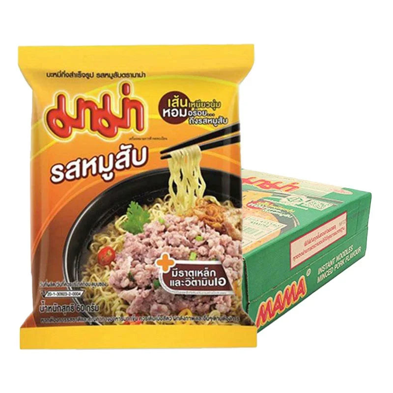 Mama Instant Noodles Minced Pork flavor, 60g pack, displayed with uncooked noodles and seasoning packet, in a dry grocery setting.
