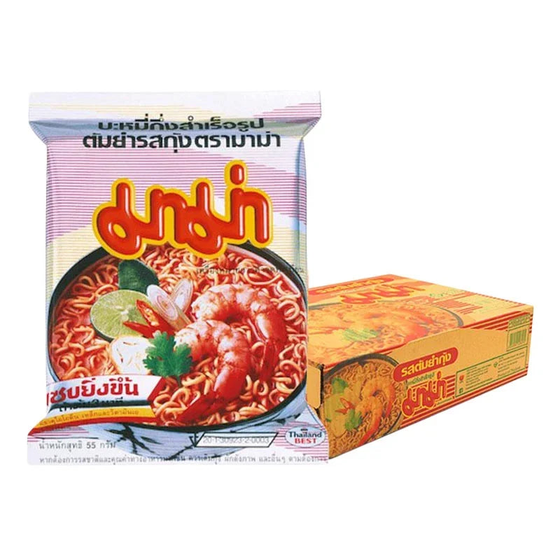 Packet of Mama Shrimp Tom Yum Instant Noodles 55g, dry grocery product, showing the colorful noodle packaging with shrimp and Tom Yum flavor.