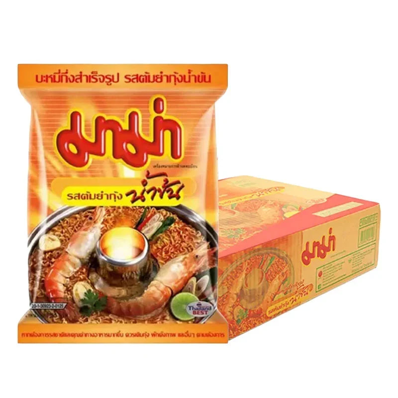 Mama Instant Noodles Shrimp Creamy Tom Yum 55g pack, featuring a bowl of noodles with shrimp and creamy Tom Yum flavor, ready to eat.